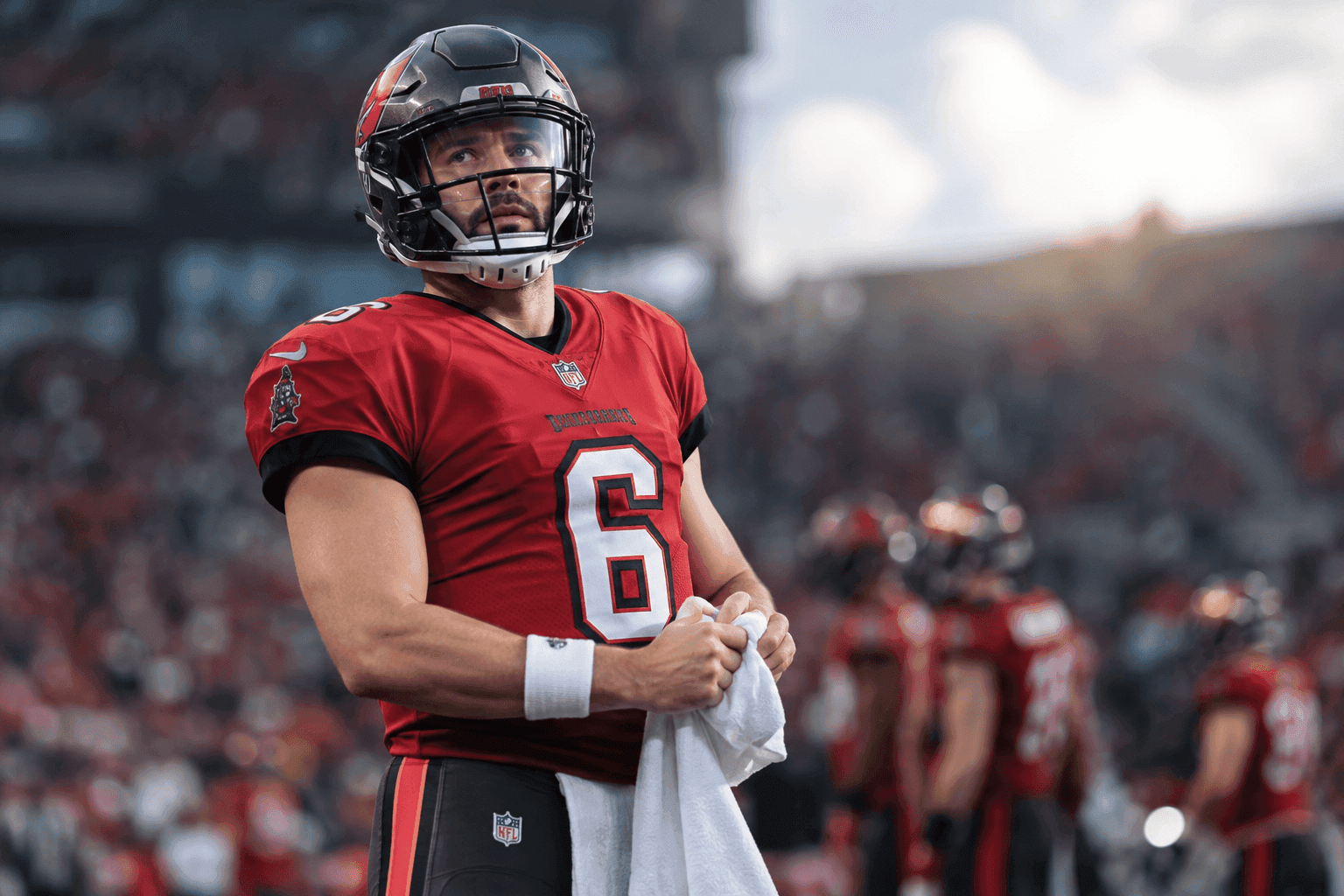 Editorial sports image for Baker Mayfield's Thumb Escapes Major Damage, But the Winless Bucs Are Still in Trouble