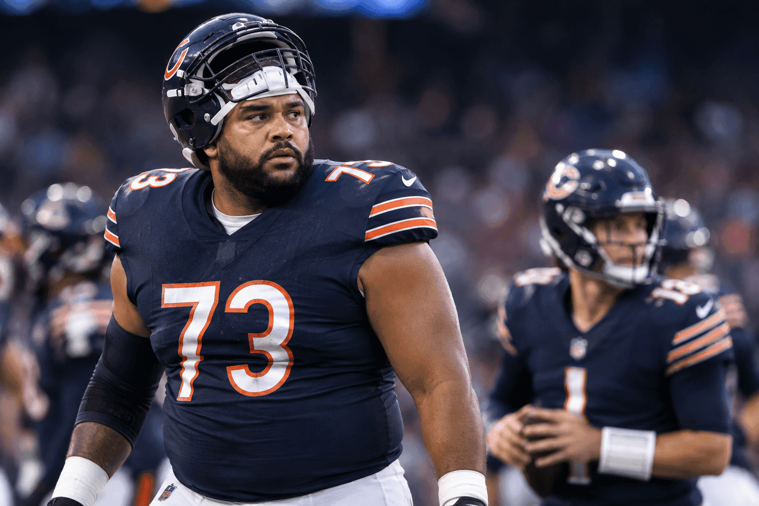 Editorial sports image for Bears RG Jonah Jackson Week-to-Week With Hip Flexor Injury Ahead of TNF