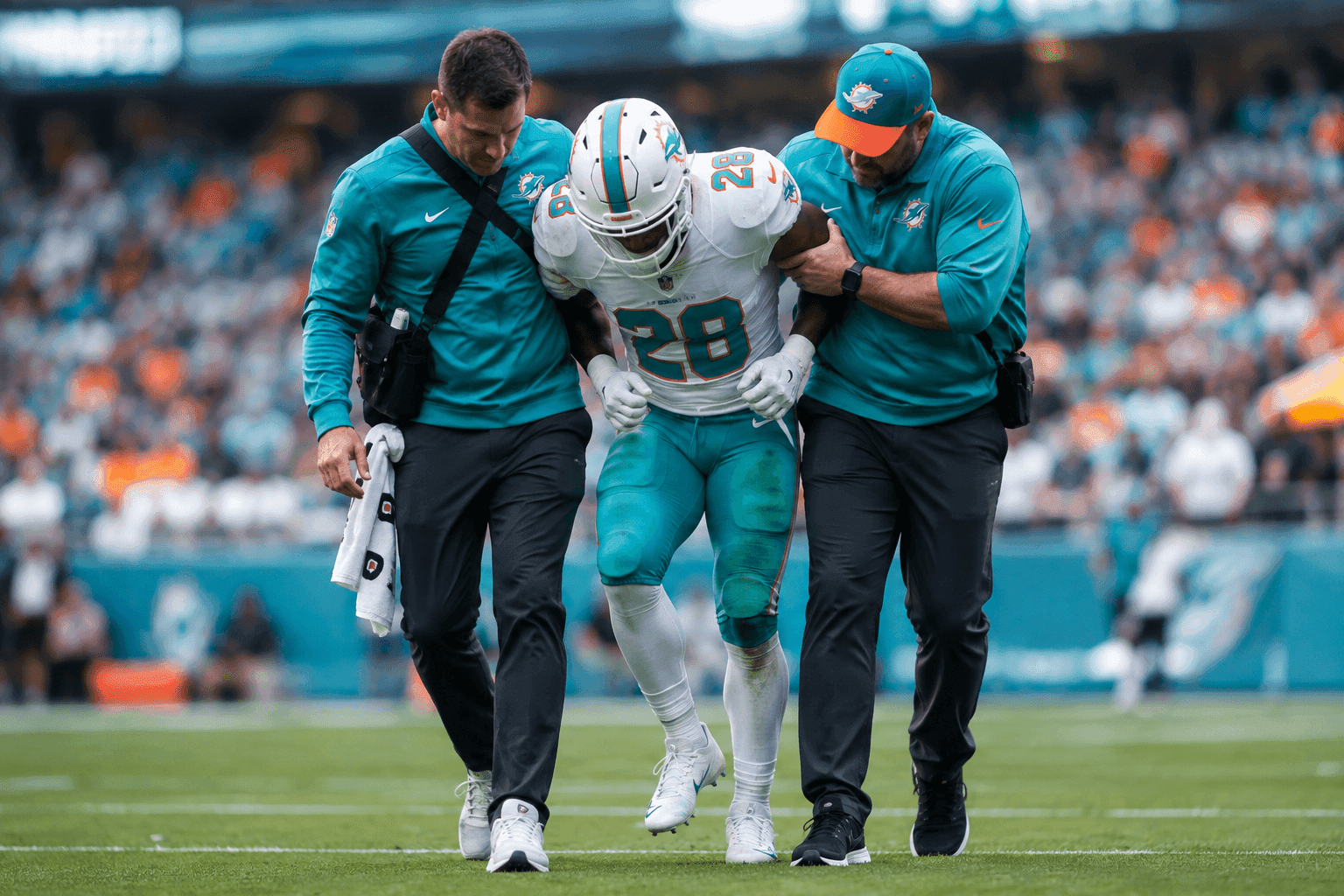 Editorial sports image for De'Von Achane's Knee Injury Sounds Like a Fantasy Football Nightmare