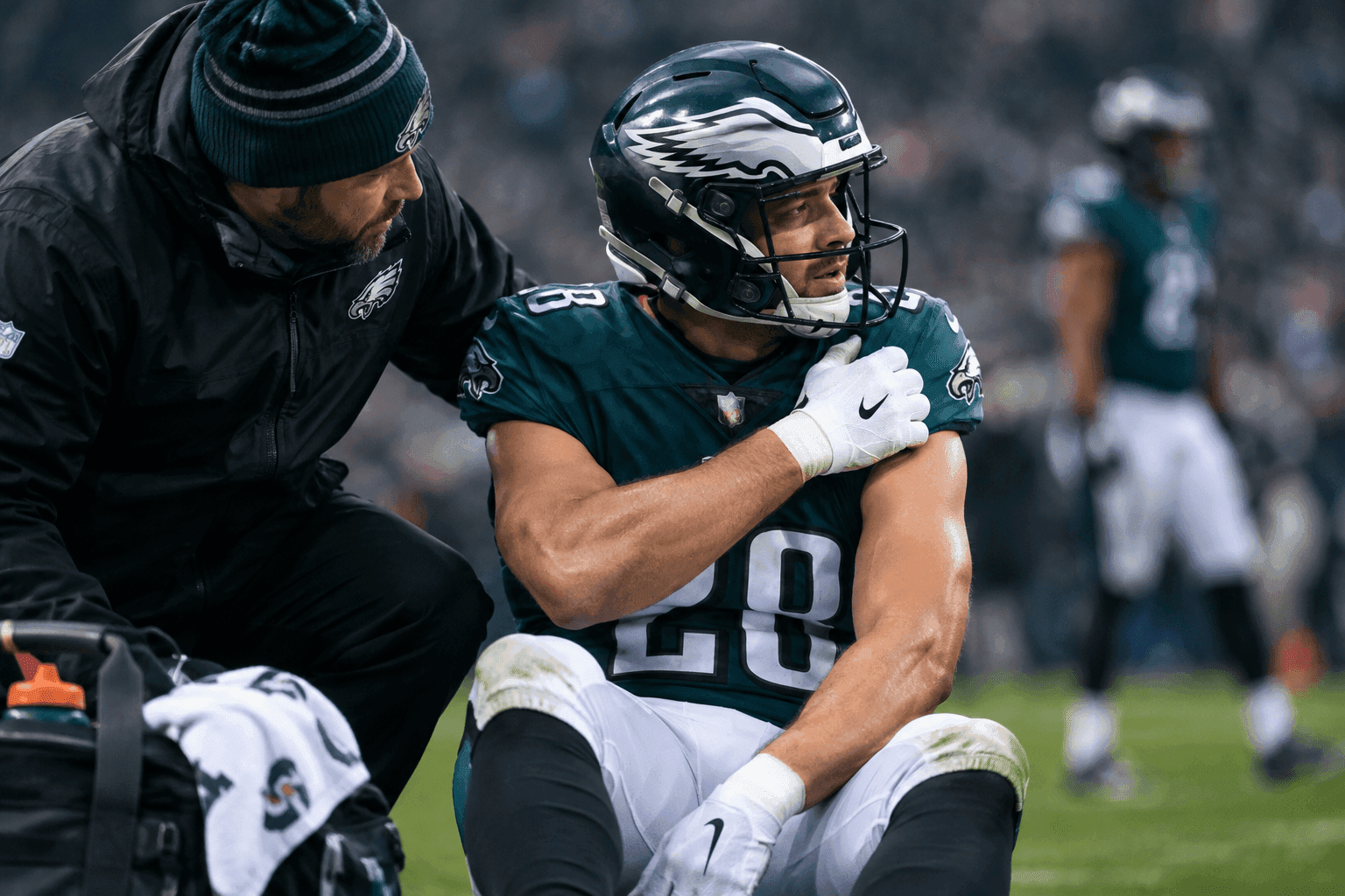 Editorial sports image for Eagles RB Room Reaches Critical Mass as Carson Steele Exits with Shoulder Injury