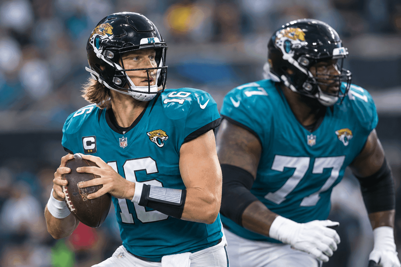 Editorial sports image for Jaguars LT Anton Harrison Headed for Knee Surgery, Leaving Trevor Lawrence's Blindside in Limbo