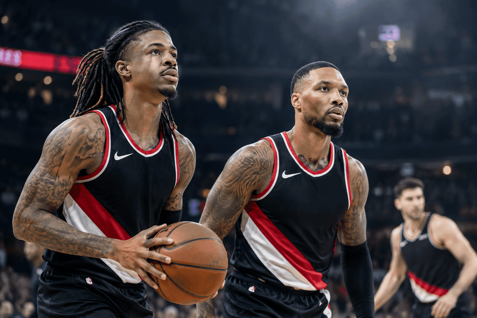 Editorial sports image for Morant and Lillard Headline Blazers' Chaotic Starting Lineup Against Lakers