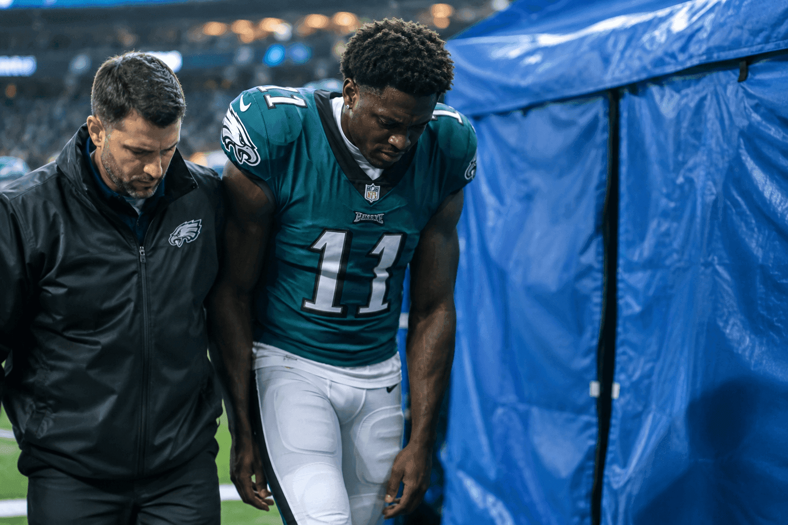 Editorial sports image for AJ Brown Hits the Blue Tent with Ankle Injury, Sending Fantasy Managers into a Panic