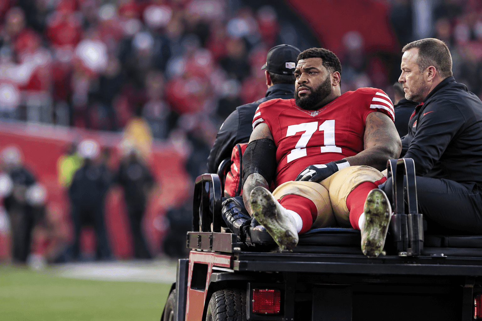Editorial sports image for Trent Williams Carted Off With Hamstring Injury, Sending 49ers Fans Into a Panic