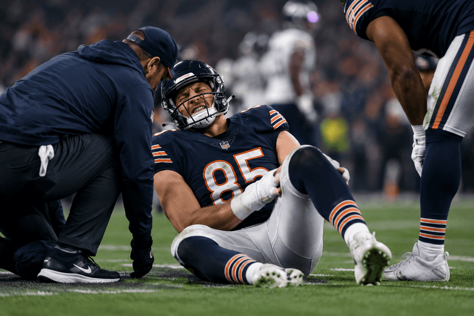 Editorial sports image for Bears Survive Patriots But Lose Cole Kmet to Scary Non-Contact Knee Injury