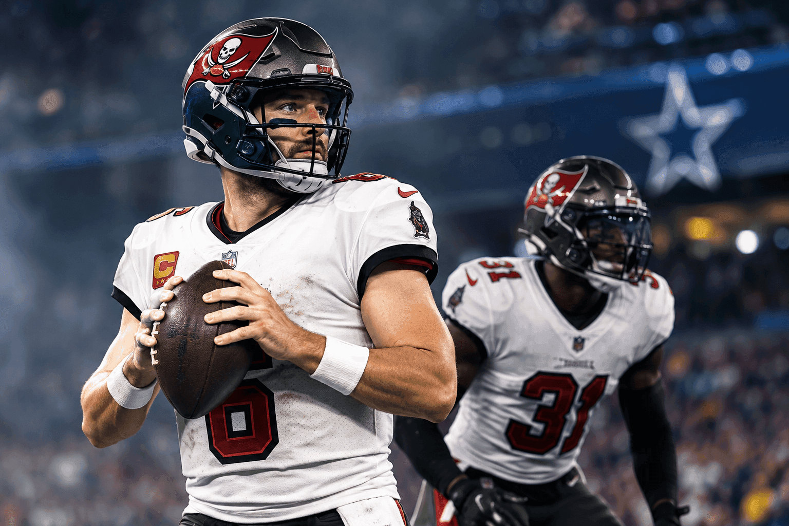 Editorial sports image for Buccaneers Rule Out Baker Mayfield and Antoine Winfield Jr. for Thursday Night Football