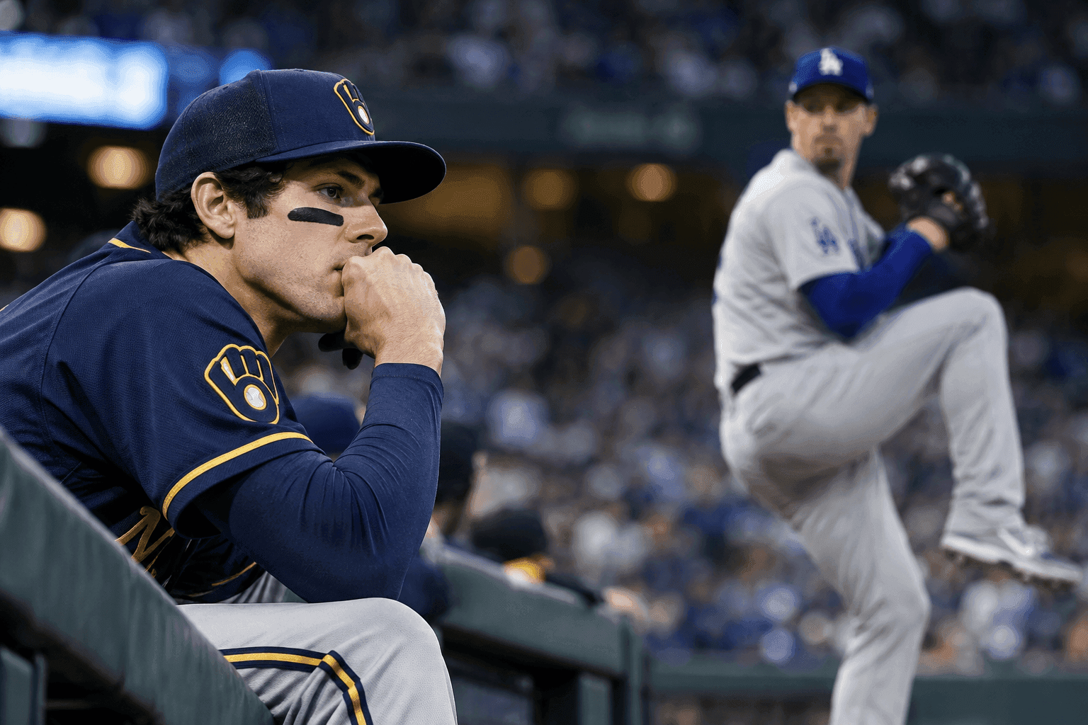 Editorial sports image for Brewers Bench Captain Christian Yelich Against Dodgers Lefty Blake Snell