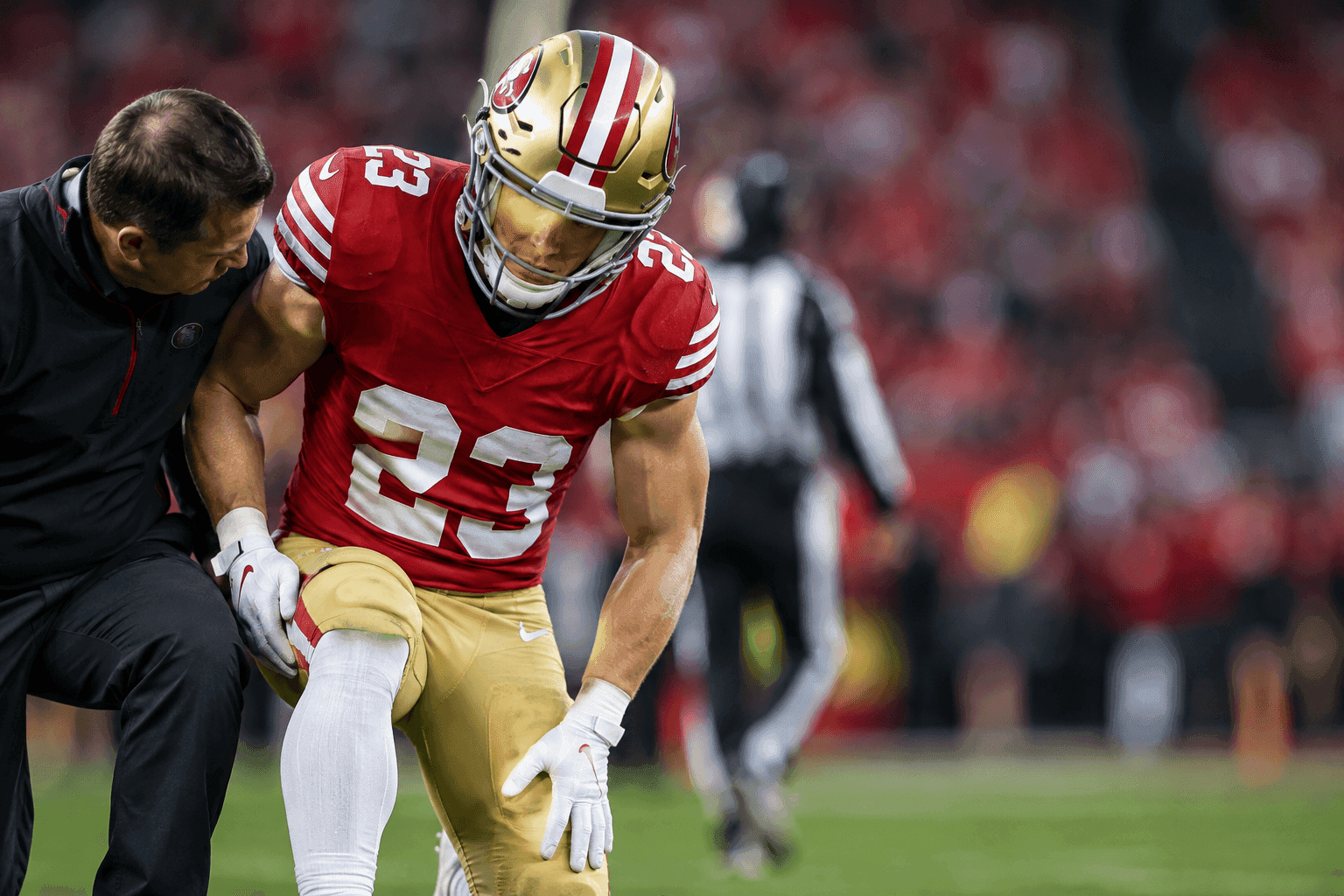 Editorial sports image for Christian McCaffrey Exits With Thigh Injury, Sending Fantasy Rosters Into Panic Mode