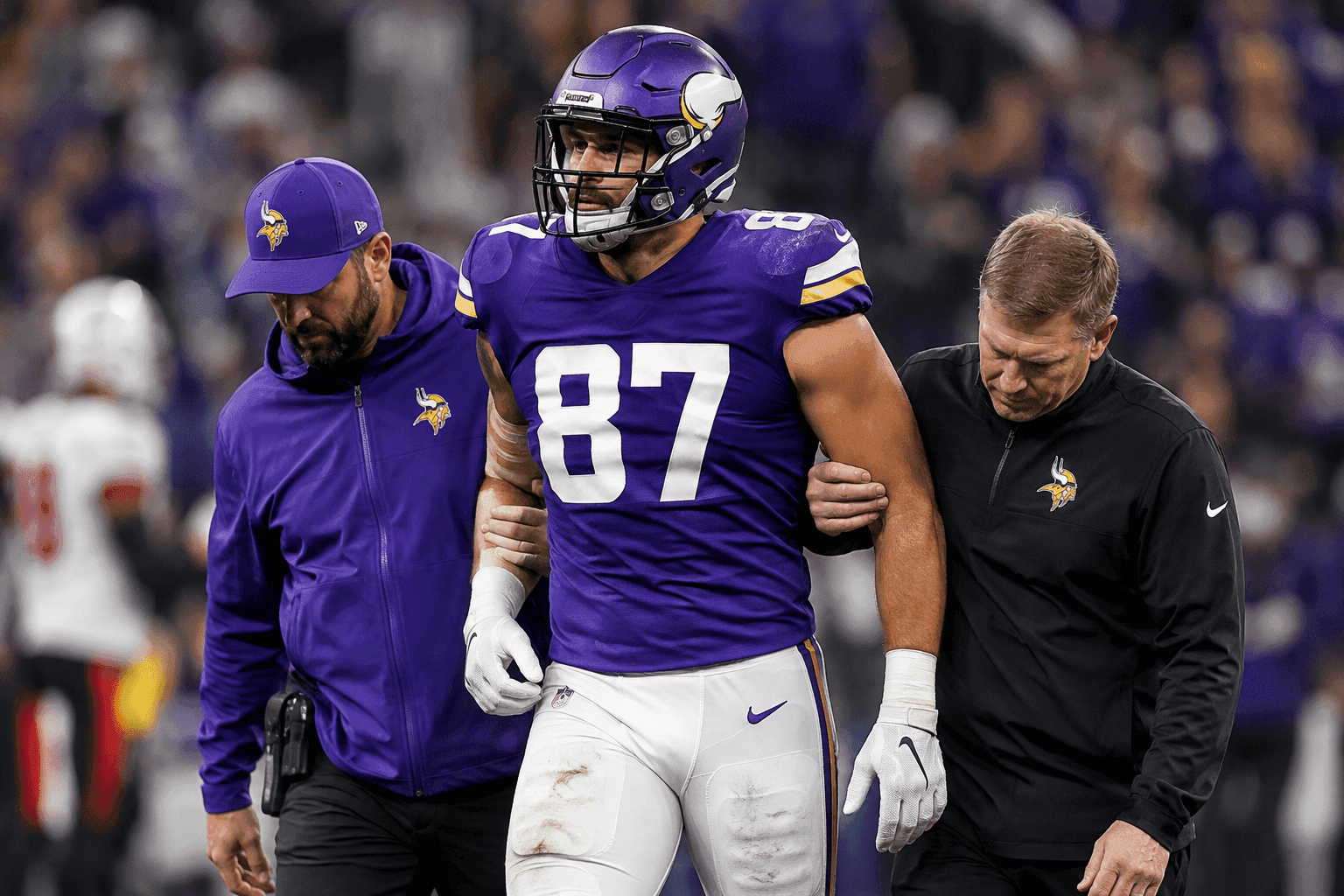 Editorial sports image for Vikings TE Josh Oliver Feared to Have Torn Biceps in Win Over Bucs