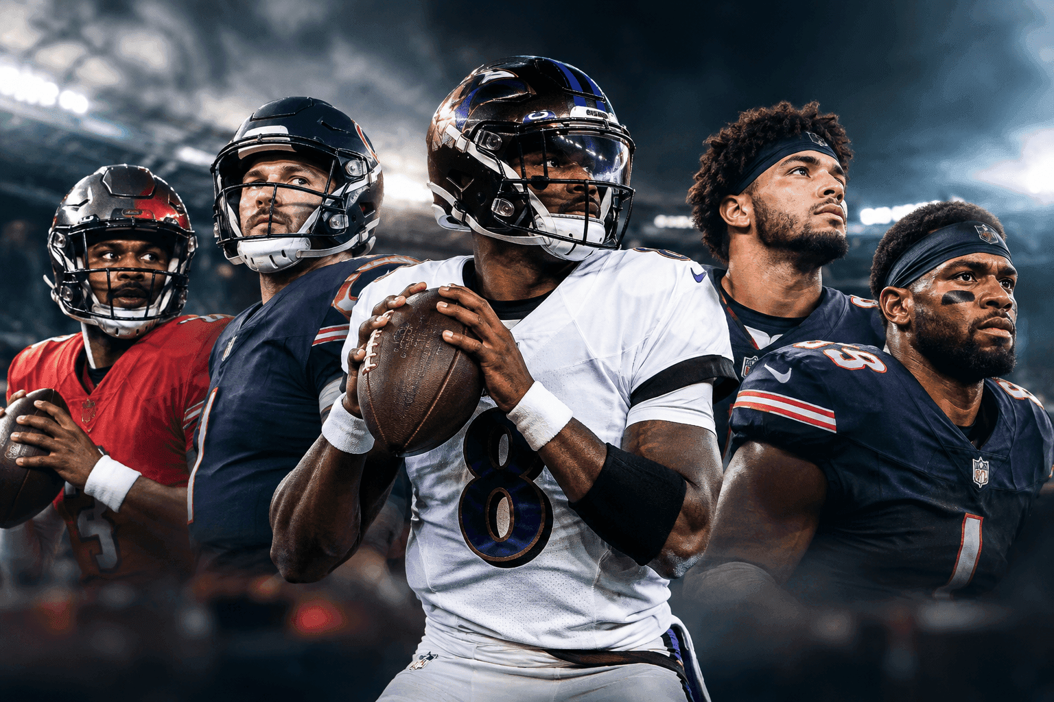 Editorial sports image for Baker Mayfield Held Back While Lamar Jackson and Caleb Williams Inch Closer to Returns