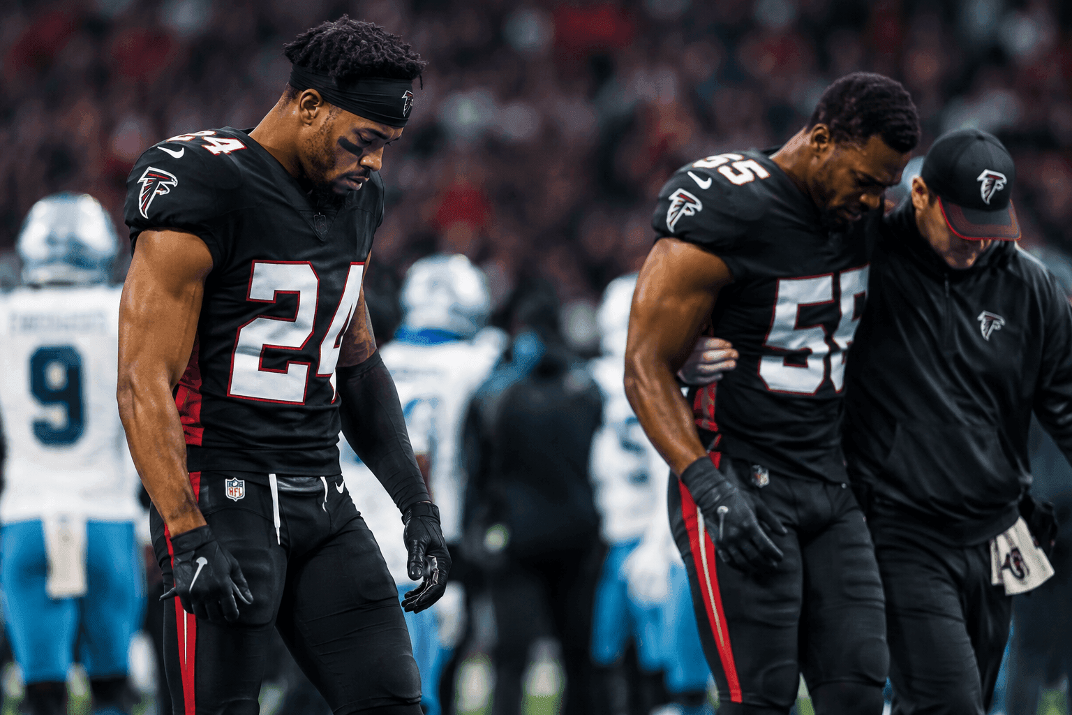 Editorial sports image for Falcons Lose AJ Terrell and Samson Ebukam to Injury Amid Panthers Blowout